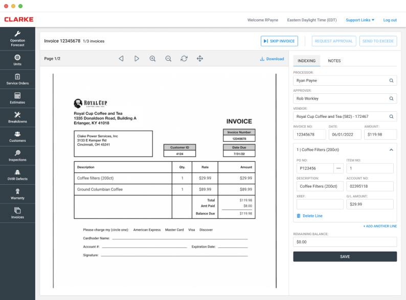 Screenshot of the invoicing detail feature of the Clarke Vehicare app