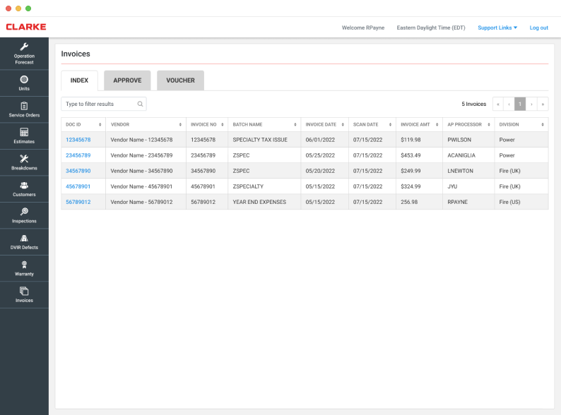 Screenshot of a list of invoices in the Clarke Vehicare invoicing app