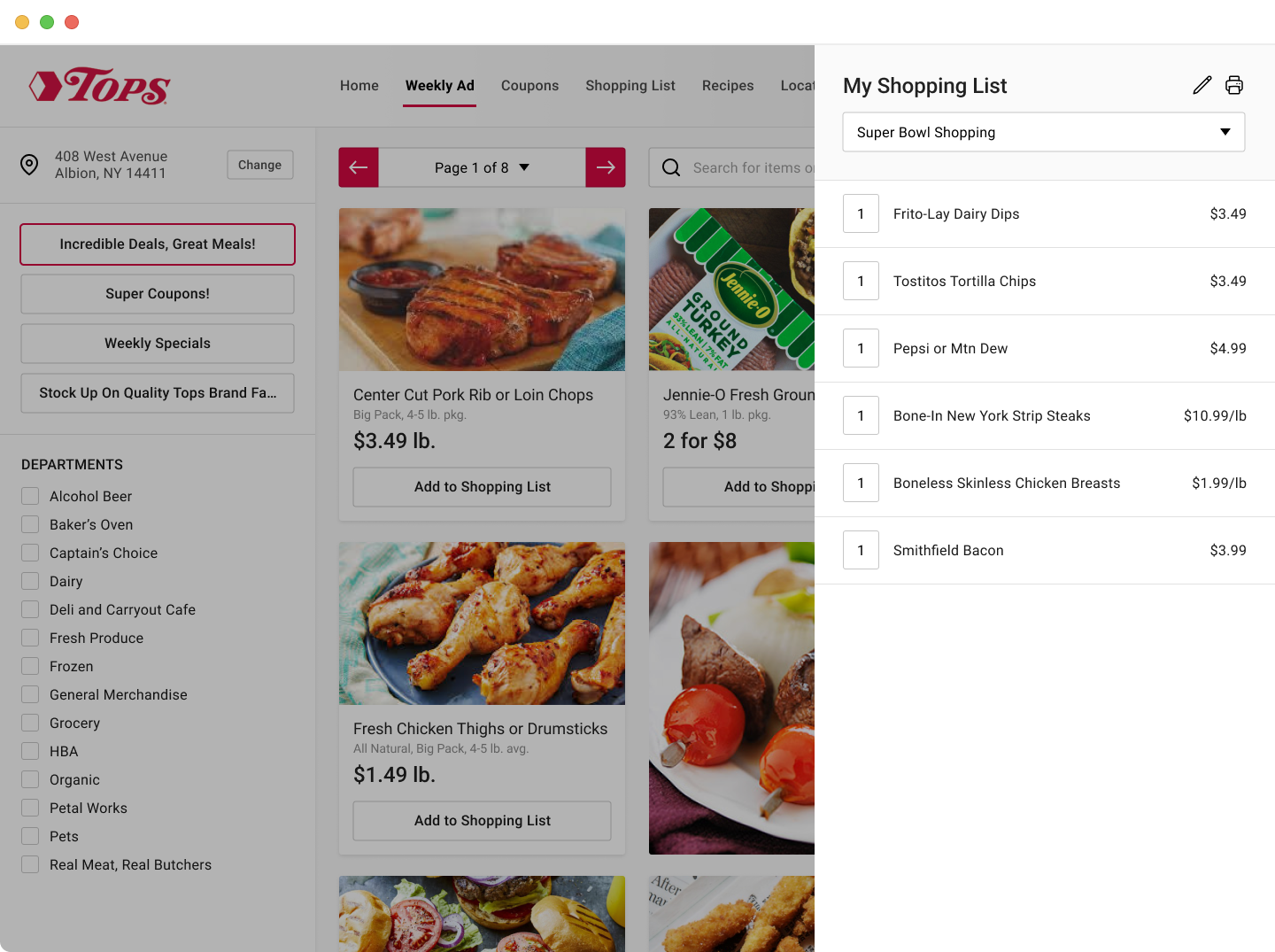 Screenshot of a web-based shopping list